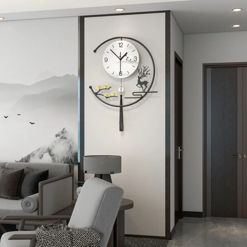 Wall clock living room advanced sense new Chinese home decoration punch-free clock hanging wall modern simple quartz clock image 4