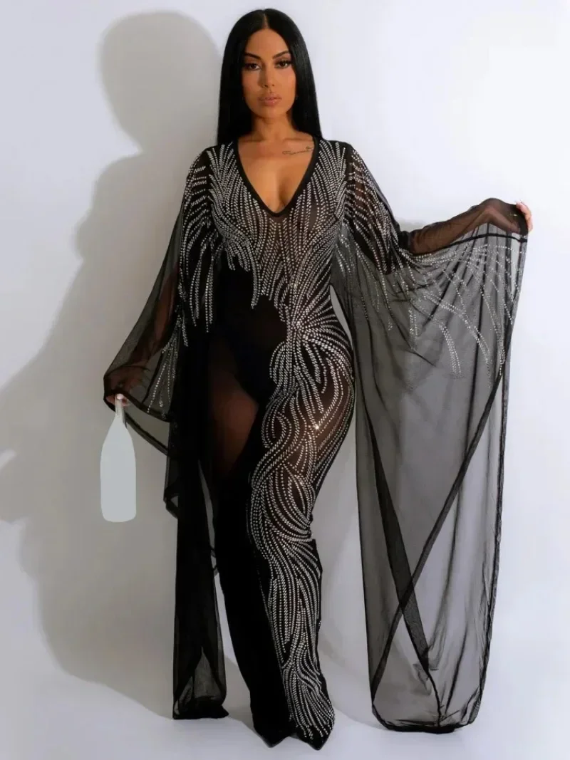 

GUWU Luxe Сетчатый комбинезон с кристаллами и стразами, женский сексуальный прозрачный комбинезон с v-образным вырезом, большие часы, расклешенные длинные рукава, клубный вечерние комбинезон, комбинезон