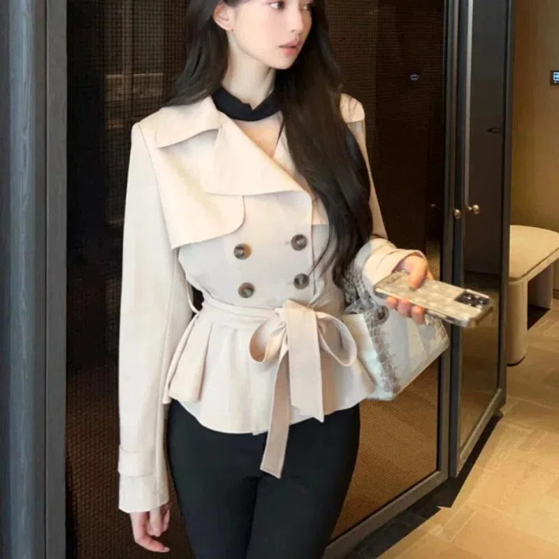 Autumn Elegant Solid Lapel Slim Overcoat Women Fashion Design Long Sleeve Lace Up Tops Female Chic Pretty Double Breasted Coat