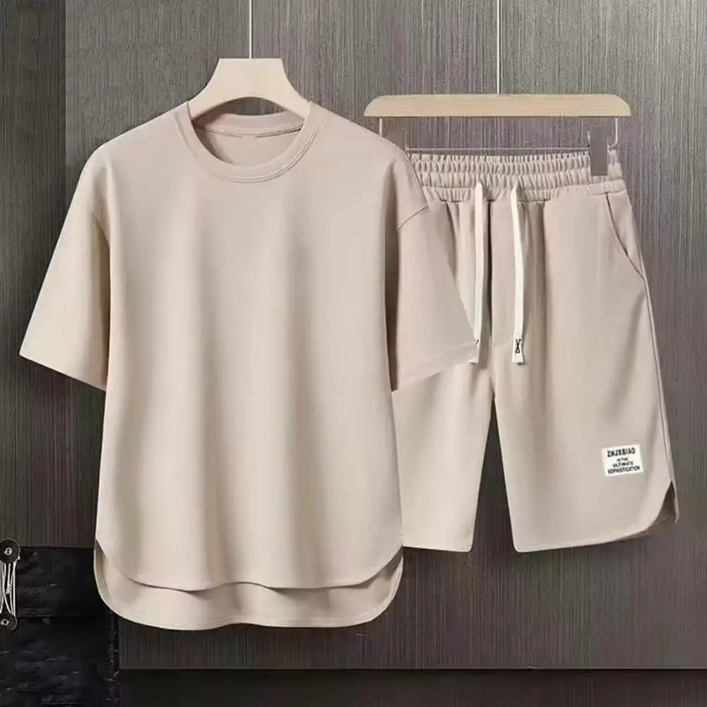 T-shirt Shorts Set Men\'s Summer Casual Outfit Set O-neck Short Sleeve T-shirt with Elastic Drawstring Waist Wide Leg for Stylish