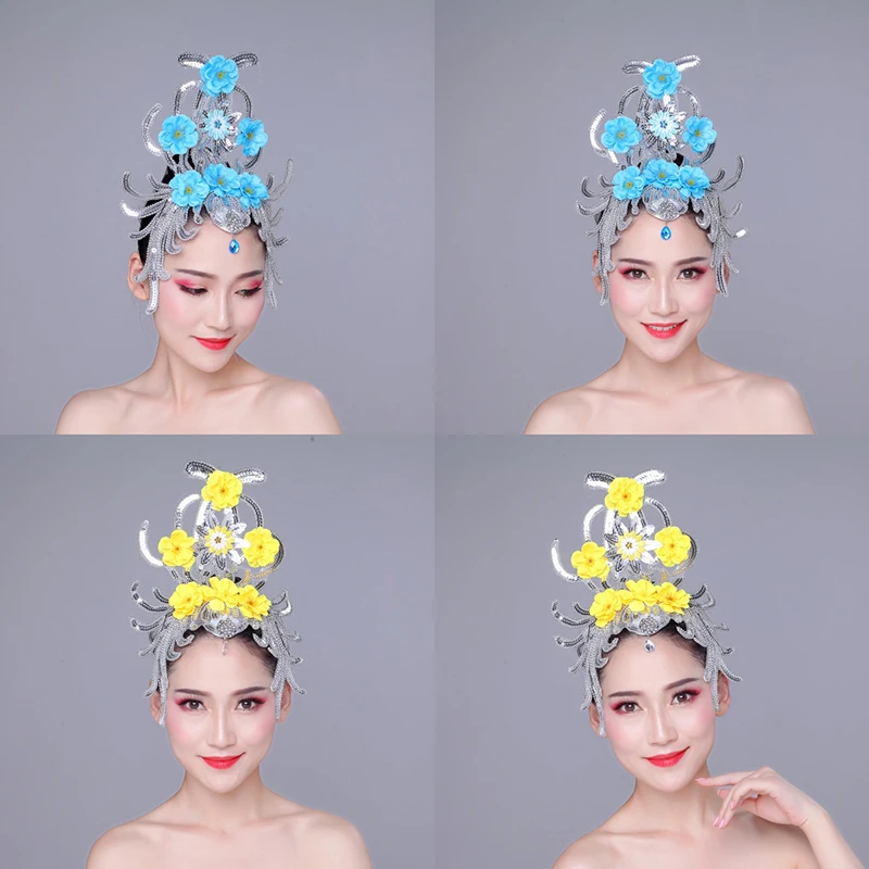 Dance Elegant Veil Brim Hats Headdress Show Stage Performance Costume Hair Accessories Women Yangko Folk Dance Hair Flowers