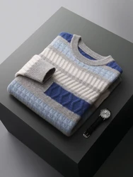 Suéter de lana merina con cuello redondo para hombre, Jersey Jacquard de Color de contraste, punto grueso, Cachemira, ropa informal inteligente, otoño e invierno, 100%