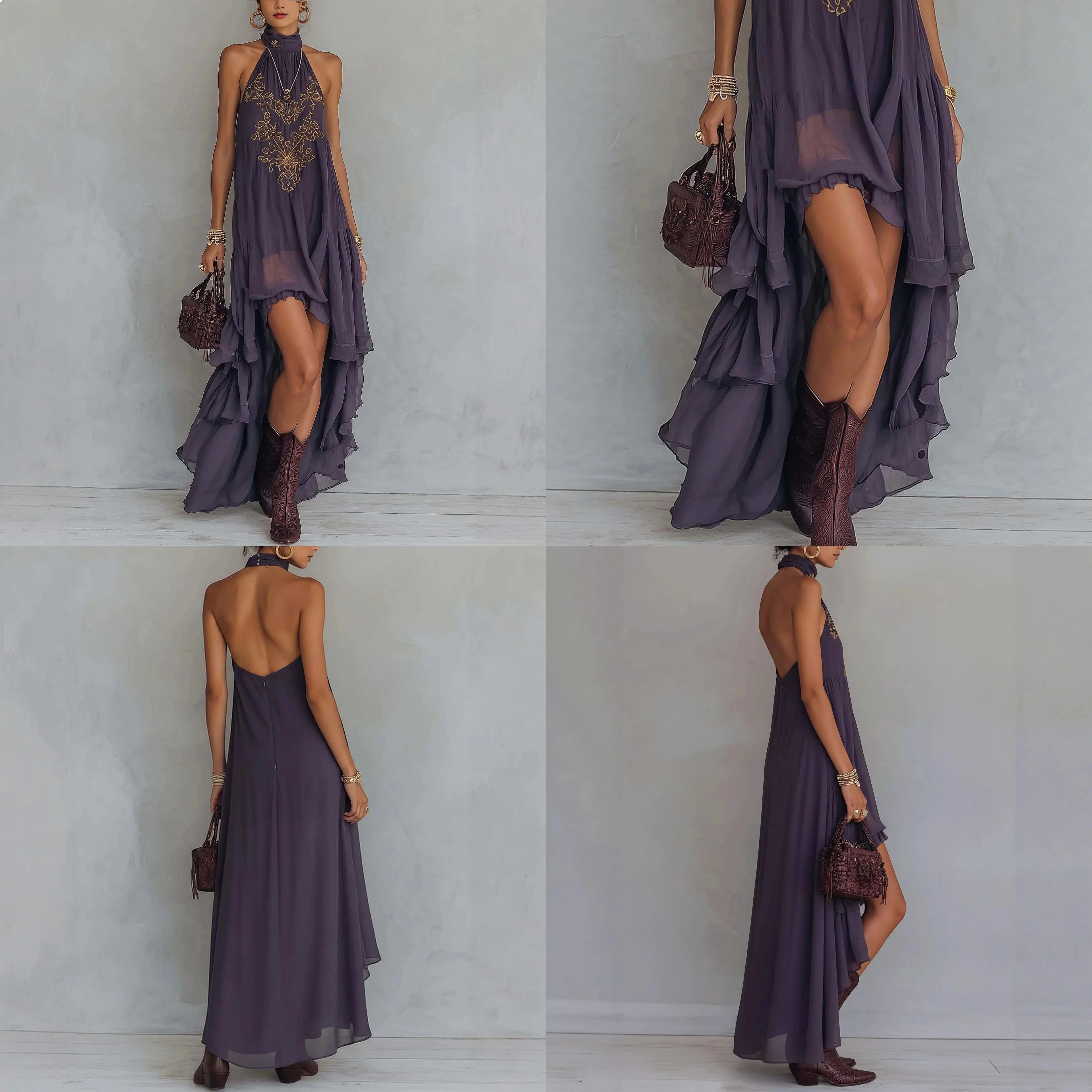 

Purple Embroidered High Neck Sleeveless Ruffle Long Dress Dresses Spring Summer Fashion