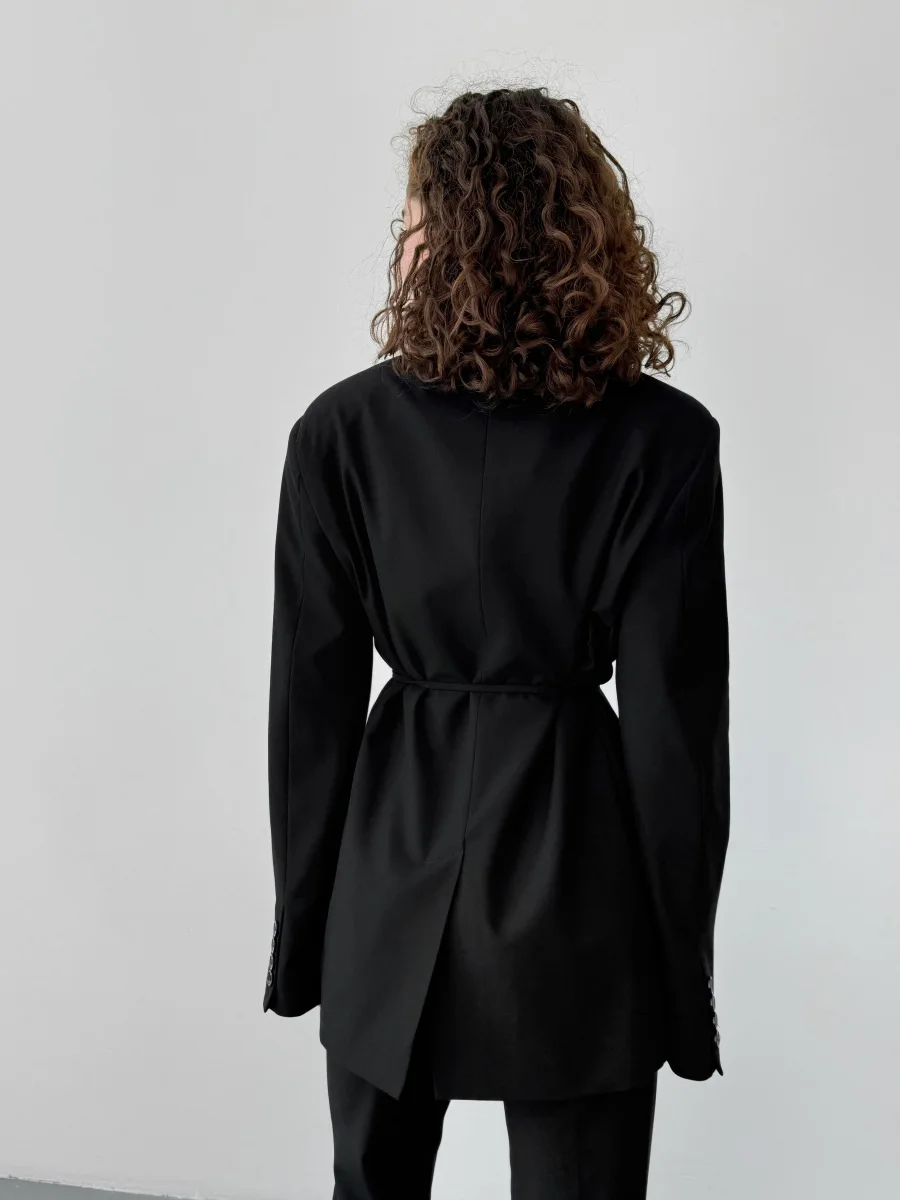 2026 Autumn Female Casual Daily Suit Jacket Women Vintage Blazer Fashion Long Sleeve Lapel Lapelless Lace-up Waist Outwear