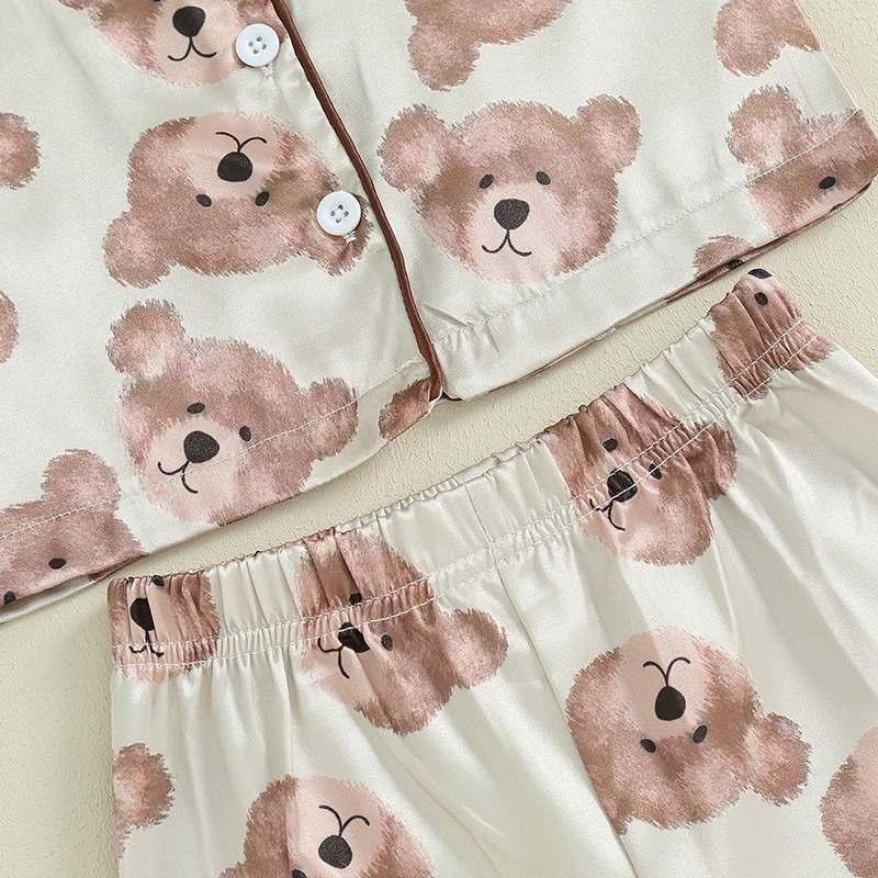 Blotona Kids Boys Girls Summer Pajama Set Cartoon Bear Print Lapel Short Sleeve Shirt with Elastic Waist Shorts Outfit Sleepwear