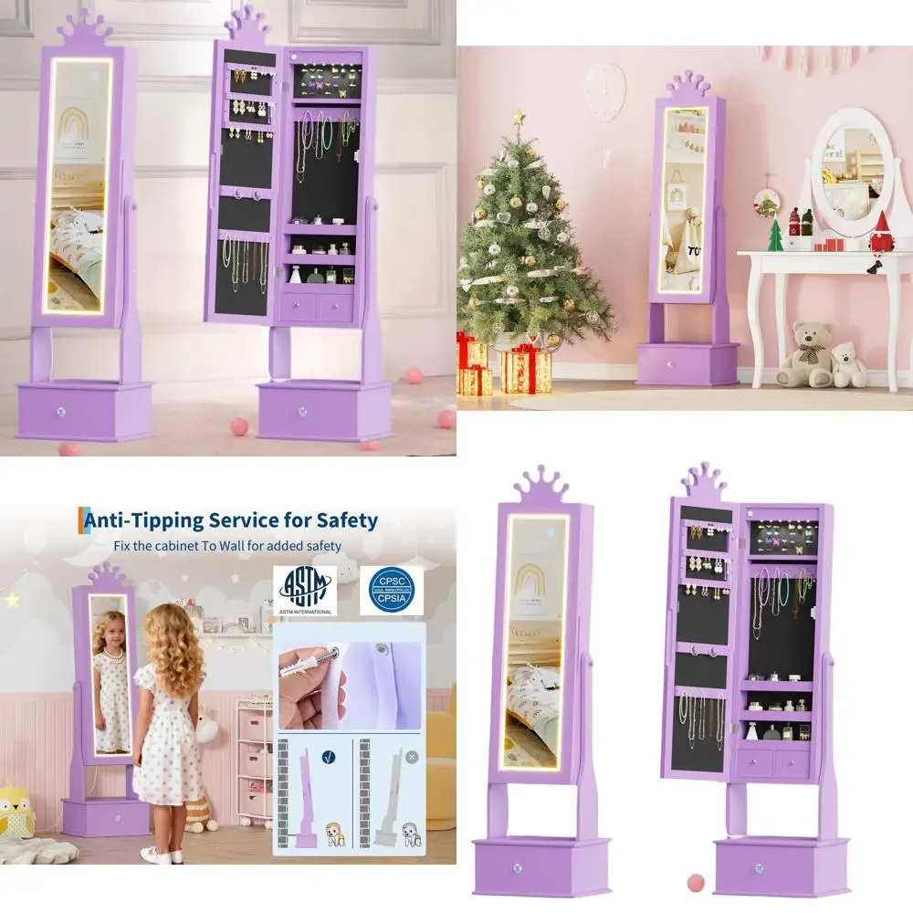 

Purple Kids' 46 Jewelry Armoire Cabinet with LED Light, Full-Length Mirror, and 3 Drawers for Dress-Up Fun