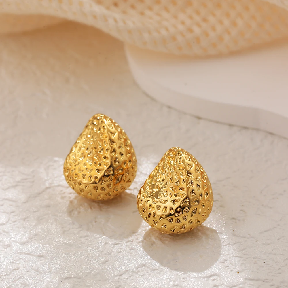 PVD 18K Gold Plated Lava Textured Chubby Waterdrop Droplet Studs Thick C Shape Hoops Non Tarnish Irregular Hemispheres Earrings