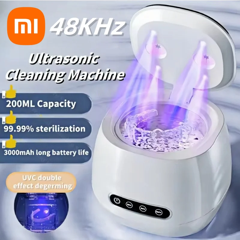 Xiaomi-limpiador ultrasónico portátil para dentaduras postizas, 48KHZ, desinfectante UV, retenedor, alineador, máquina de limpieza, 200ml, tirantes de viaje, vainas, joyería