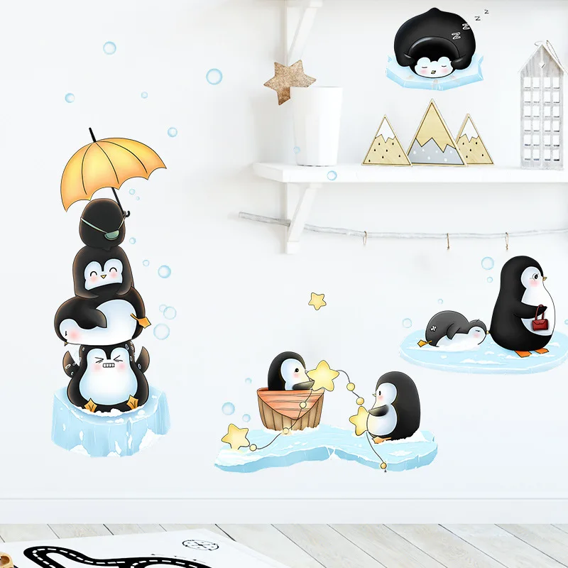 

Cartoon Penguins Playing With Ice Cubes Wall Stickers Bedroom Kids Baby Room Decor Wallpaper Removable Home Decoration Poster