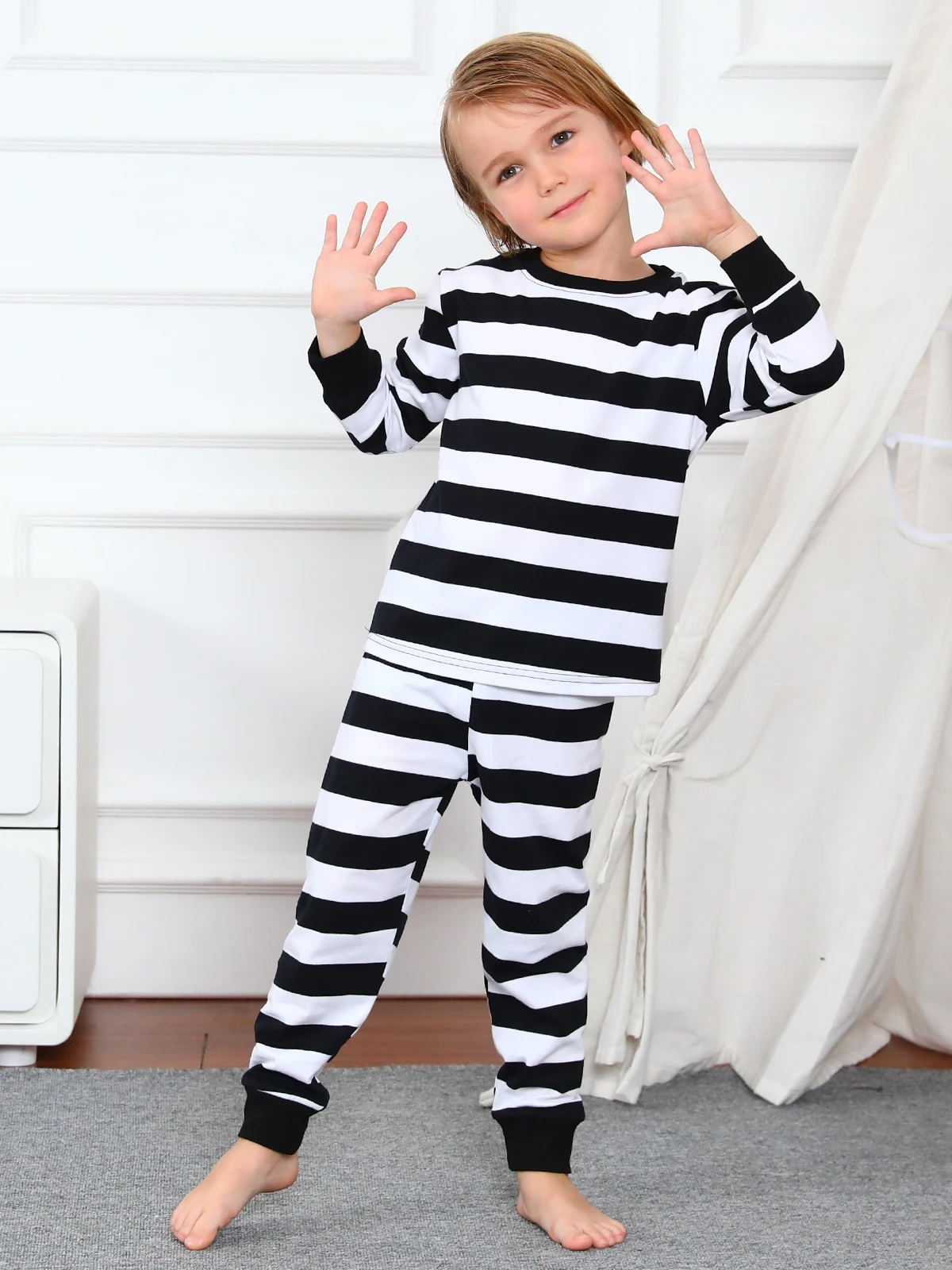 Schwarz-weiß gestreiftes Pyjama-Set für Kleinkinder, Jungen und Mädchen, Halloween, Räuber, Gefangener, Dieb, Pyjama für Kinder, Kleinkinder-Partykleidung – Detail 3