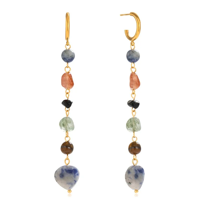 

Minar Stylish Candy Color Irregular Natural Stone C Shape Long Tassel Drop Earrings for Women 18K Gold PVD Plated Titanium Steel