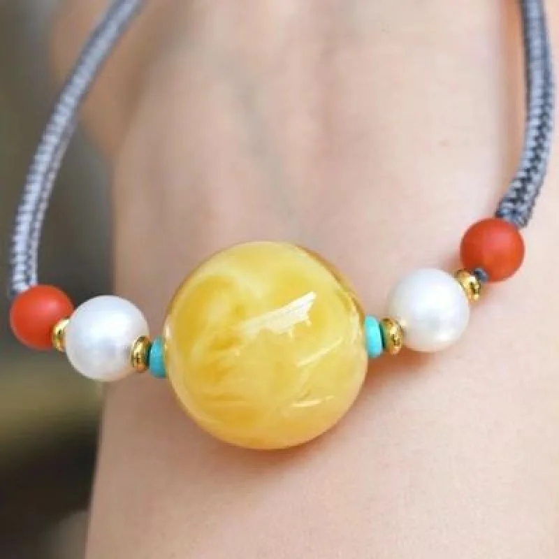 Pure natural collarbone , Russian white amber with floral patterns pendant, ethnic style fortune beads necklace, swea