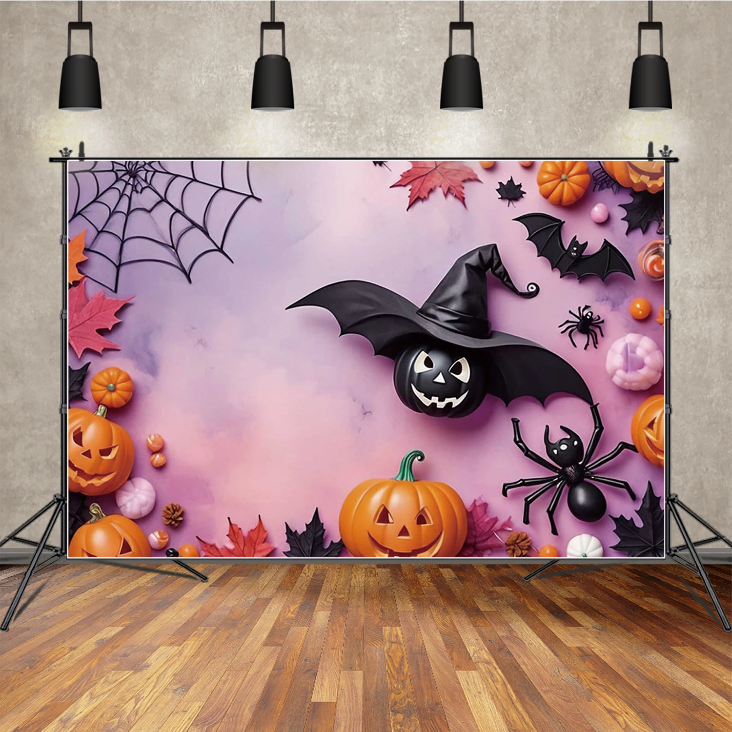 

MOON.QG Purple Halloween Background Spider Web Witch Hat Pumpkin Backdrops For Photography Photo Studio Birthday Decoration