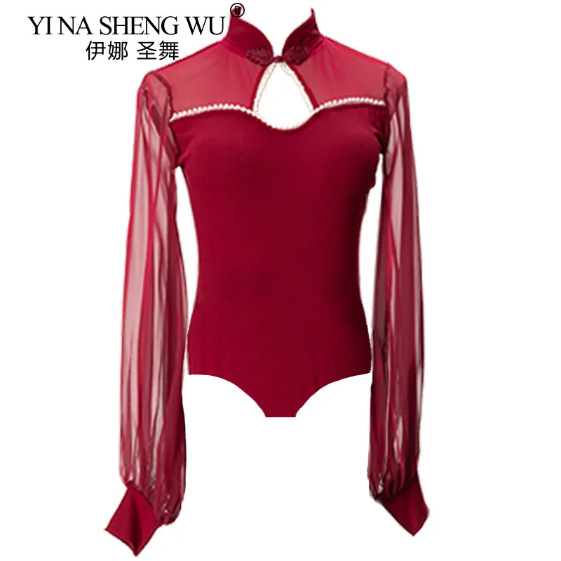 Haut de danse moderne pour femmes, combinaison de danse latine, pratique, étiquette haut de gamme, défilé de mode, danse de salle de bal, haut à manches longues en maille Sexy