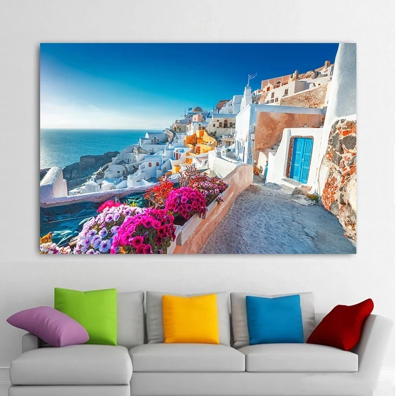 Greek Landscape Santorini Island Town Canvas Painting Blue Dome Church Posters Aegean Sea Prints Wall Art Pictures Home Decor