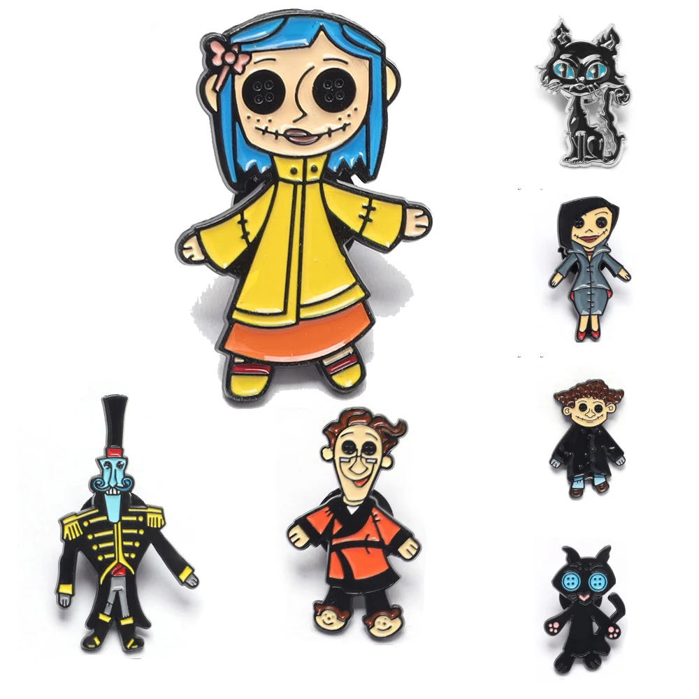 7Pcs/set Horror Animated Films Coraline Doll Badge Metal Brooch Backpack Badge Halloween Accessory Gifts for Friends
