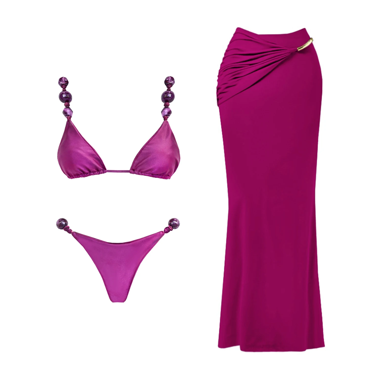 Purple 3Pcs Sexy Bikini 2026 Women Swimsuit Female Push Up Swimwear Brazilian Biquini Long Skirt Halter Bathing Suit Beachwear