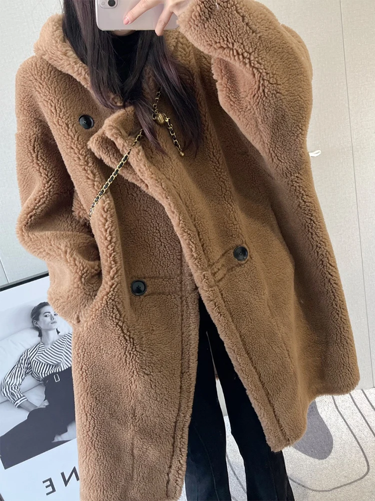 Lautaro Autumn Winter Long Oversized Brown White Blue Thick Warm Soft Teddy Coat Women with Hood Stylish Faux Fur OverCoat 2022