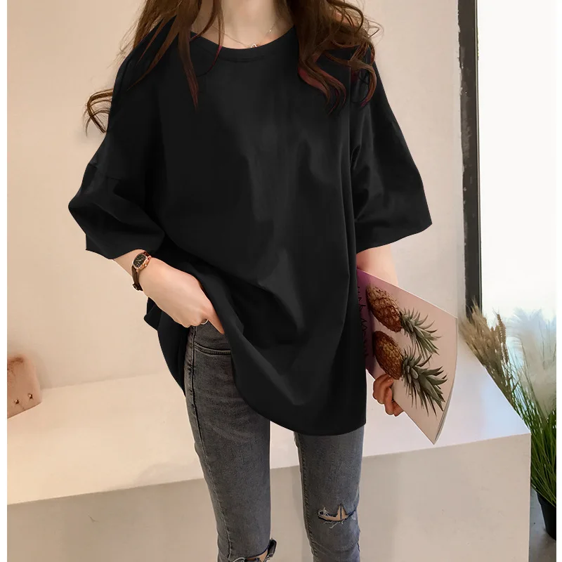 Solid Color T-shirt Women Short Sleeved Loose Medium Length Half Sleeved Upper Garment for Summer