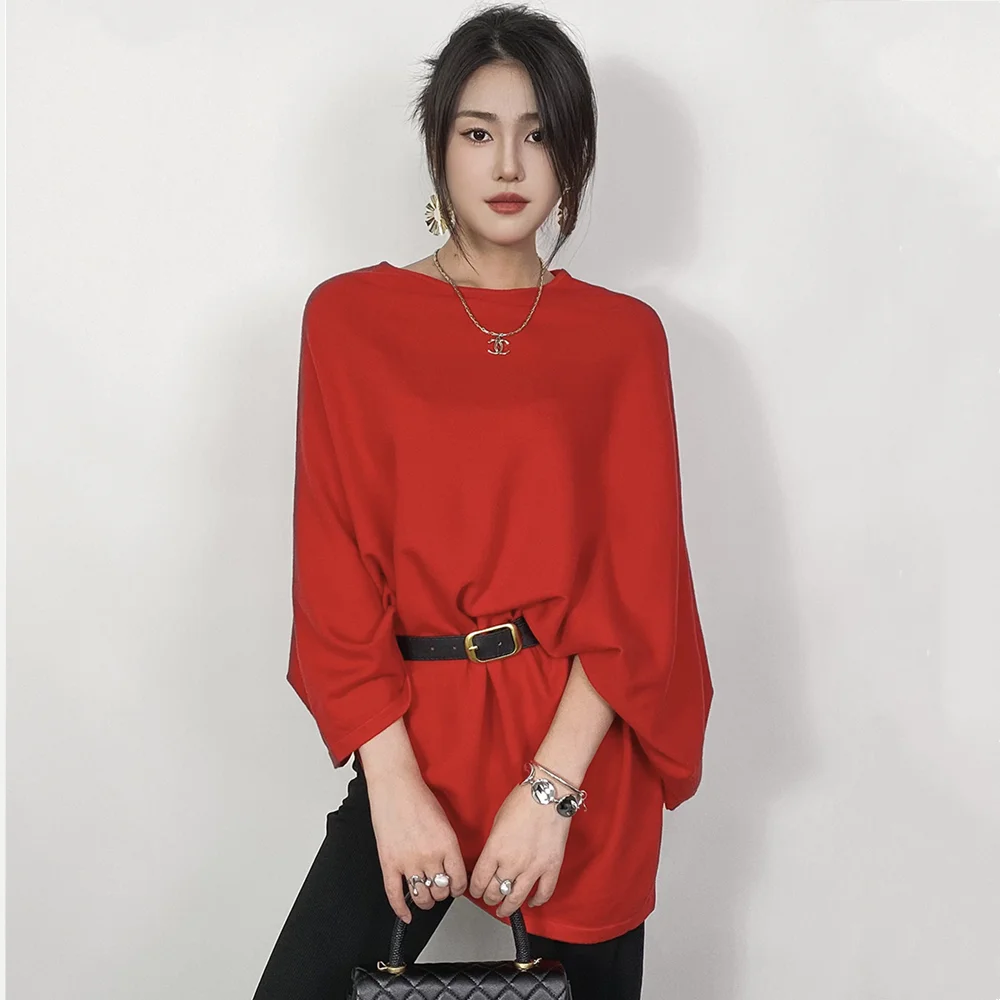 

3 colors 2025 Autumn Slash Collar Knitted Pullover Irregular Sweater Cloak Belt Women Bat Sleeve Cape Loose Oversized Jumper Red