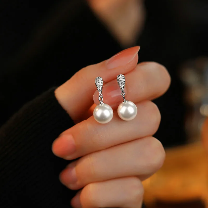 

Elegant 925 Sterling Silver Earrings 13mm White Shell Pearl Drop Stud Earrings Engagement Wedding Fine Jewelry Brincos for Women