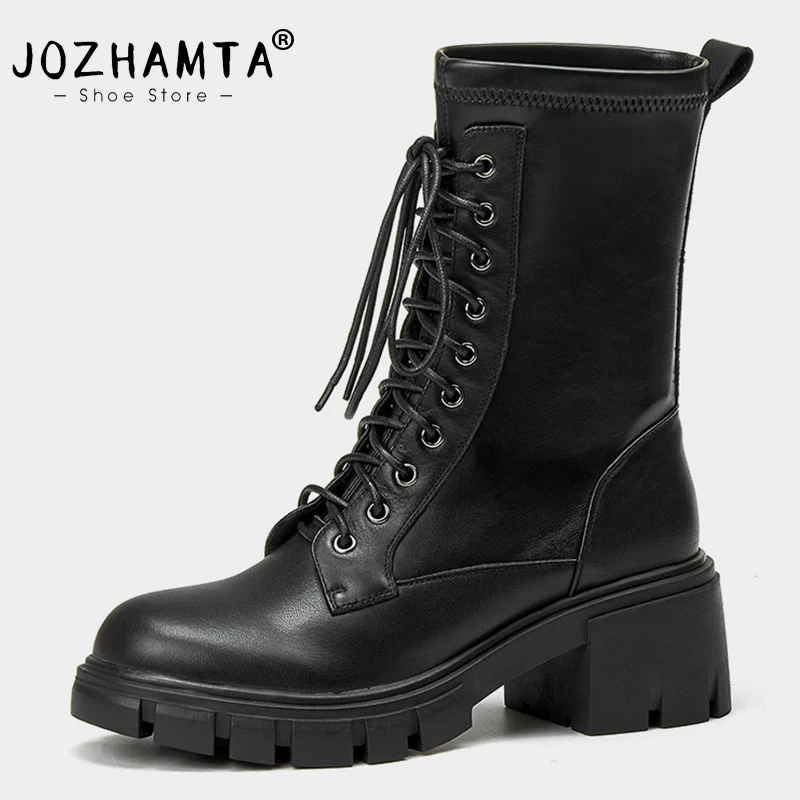 

JOZHAMTA Size 34-39 Ankle Boots For Women Genuine Leather Lace Up High Heels Winter Shoes Woman Casual Platform Knight Booties