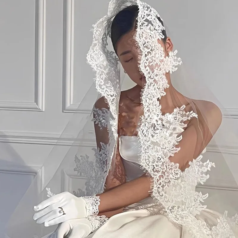 Luxurious French Vintage Lace Bridal Veil Ethereal Wedding Headpiece Studio Photo Shoot Trailing Style