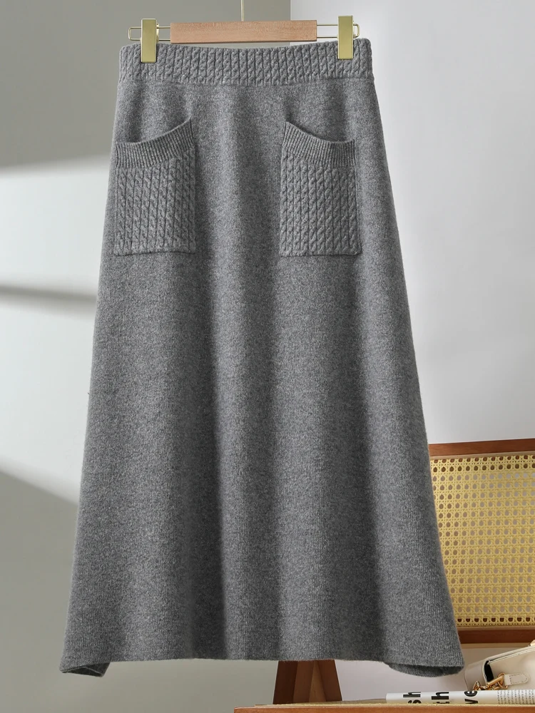 Yoyoselect New Wool Women Long Skirt Autumn Winter Office Lady Soft Skirt Cashmere Pocket Skirt 100% Merino Wool Pupular Dress