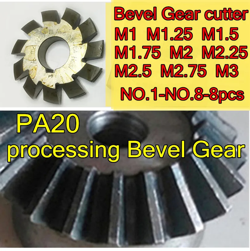 

Livter M1 M1.25 M1.5 M1.75 M2 M2.25 M2.5 M2.75 M3 Modulus PA20 degrees NO.1-NO.8 8pcs/set HSS Bevel Gear Milling cutter