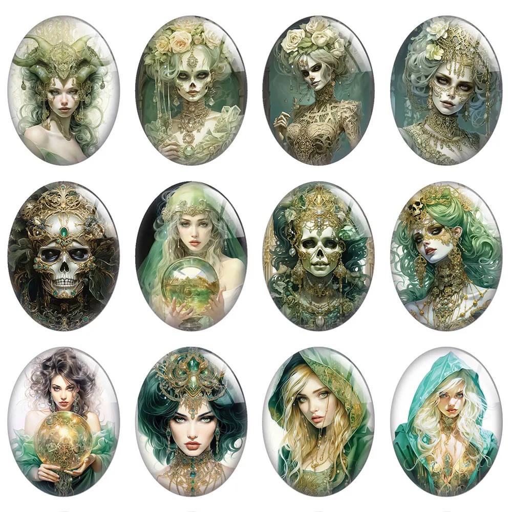 10pcs/lot Halloween Gothic Skull Wizard Girl Green Spider Oval Photo Glass Cabochon Flatback Demo Cameo Diy Jewelry Making