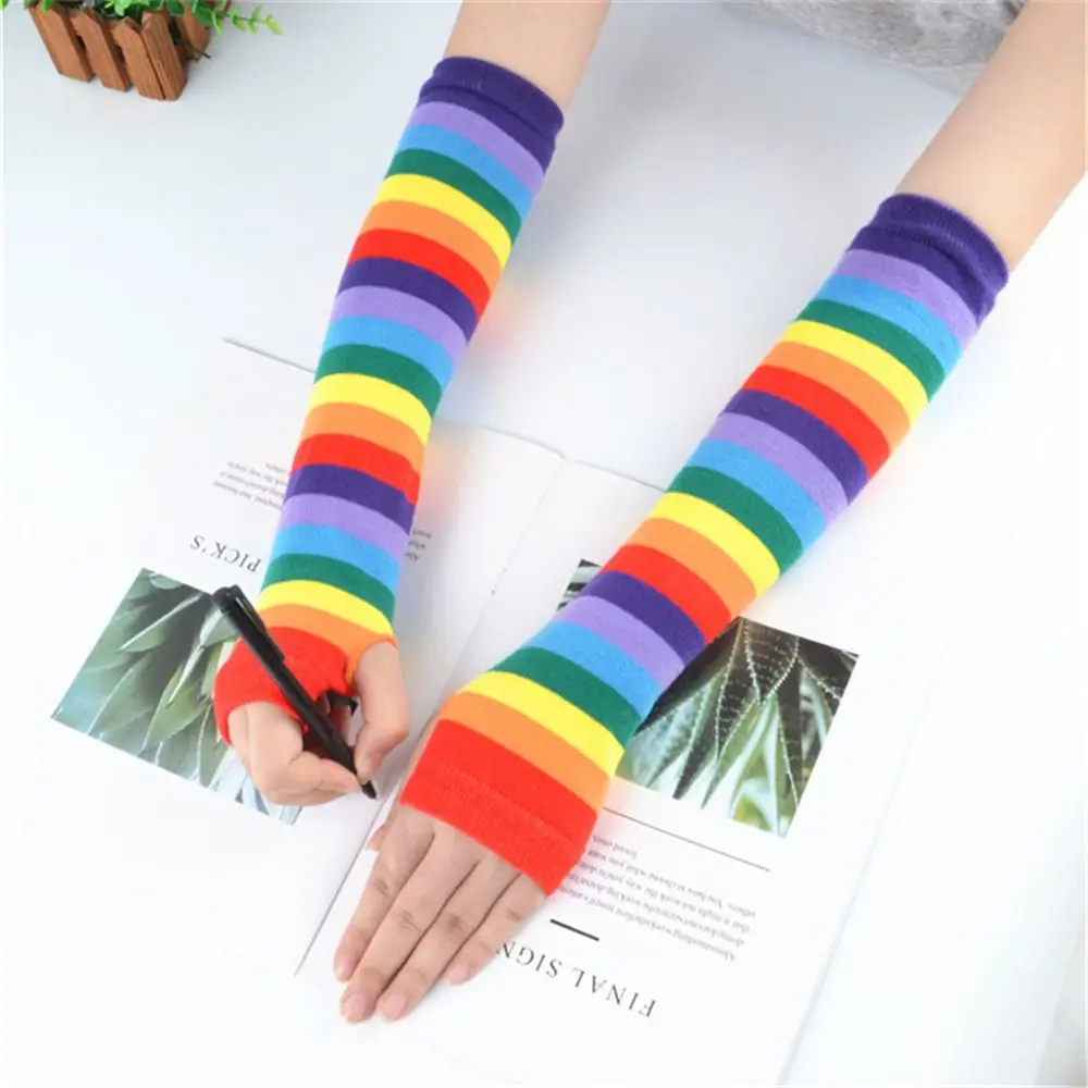 Women Winter Elbow Length Fingerless Arm Sleeve Warmer Rainbow Colored Striped Knitted Sunscreen Girl Halloween Costume Gloves