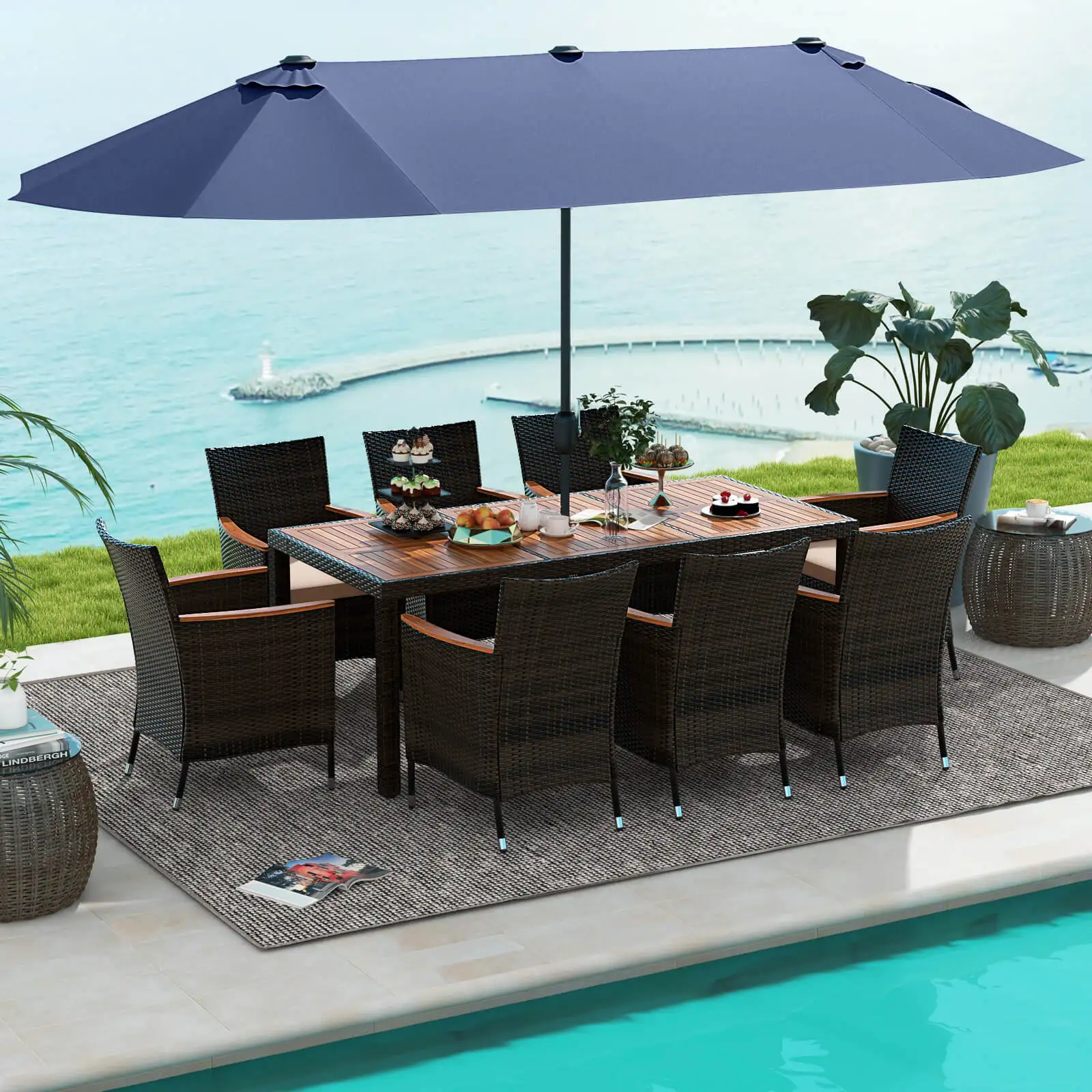 11 PCS Patio Dining Set with 15ft Double-Sided Patio Umbrella (Base Included) Navy