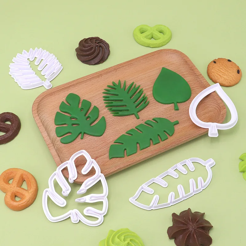 4pcs Leaf Biscuit Mold 3D Cookie Plunger Cutter Pastry Decorating DIY Cake Fondant Baking Mould Tool Tropical Leaves Shaped