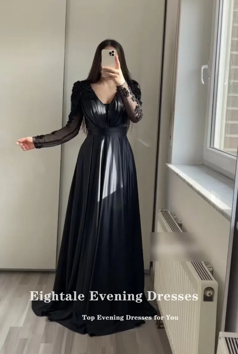 Eightale Arabic Evening Dresses for Wedding Party Satin V-Neck A-Line Black Appliques Beaded Celebrity Long Sleeves Prom Gowns