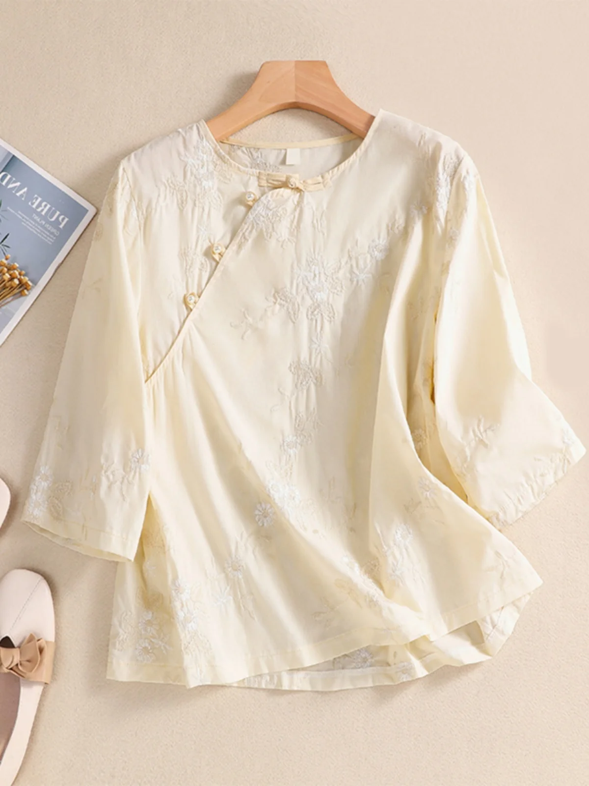 

Embroidered Cotton Linen Shirt Large Size Women's Fashion round Neck Seven Sleeve Casual Top Big MM Slanting Button Loose Fit