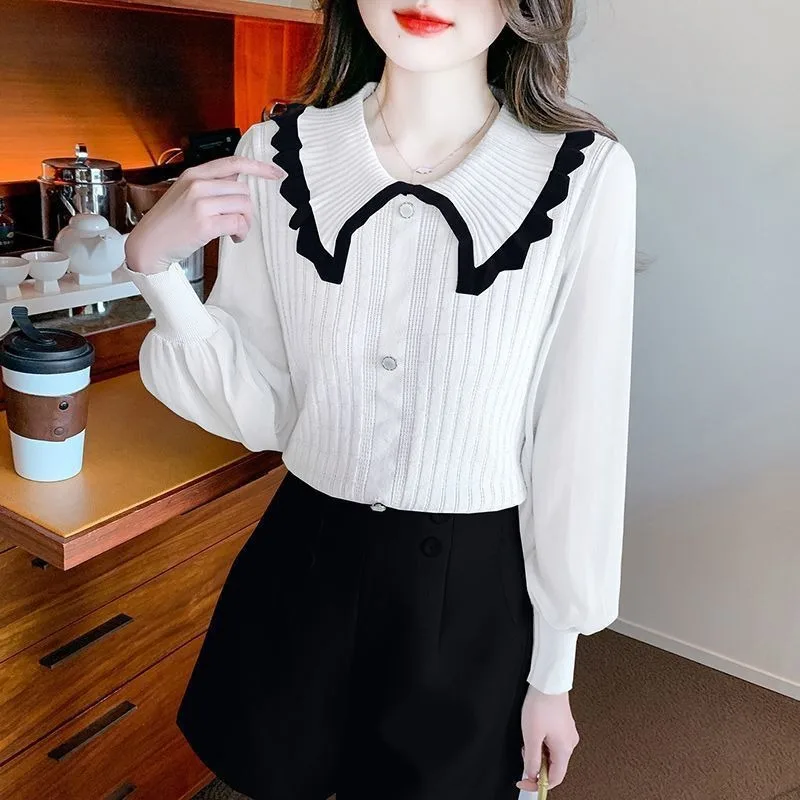 

Облегающие вязаные свитера с кукольным воротником для женщин, оригинальная гладкая корейская модная одежда, повседневная одежда для работы, женский пуловер
