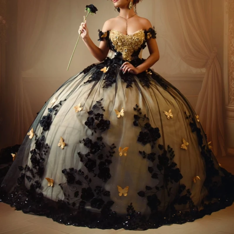 

Black Shiny Ball Gown Quinceanera Dresses Applique Flower Beading Crystal Gold Bow Tull Corset Off Shoulder Sweet 16 Dress vesti