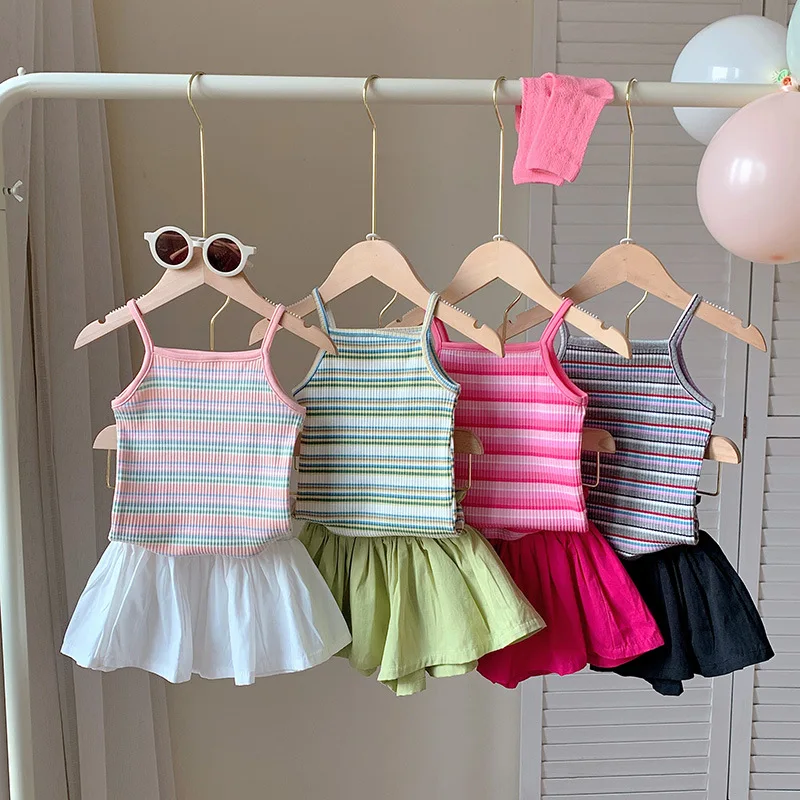 

XTY-Summer New Children's Clothing Girls' Striped Vest Bud-Waisted Shorts Suit Baby Children's Summer Clothing Two-Piece Set