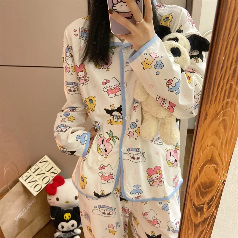 Hello Kitty Short Pajamas Women Loose Sleepwear Pajamas Sets Short Clothes Spring Autumn Pure Cotton Long Sleeve Home Wear