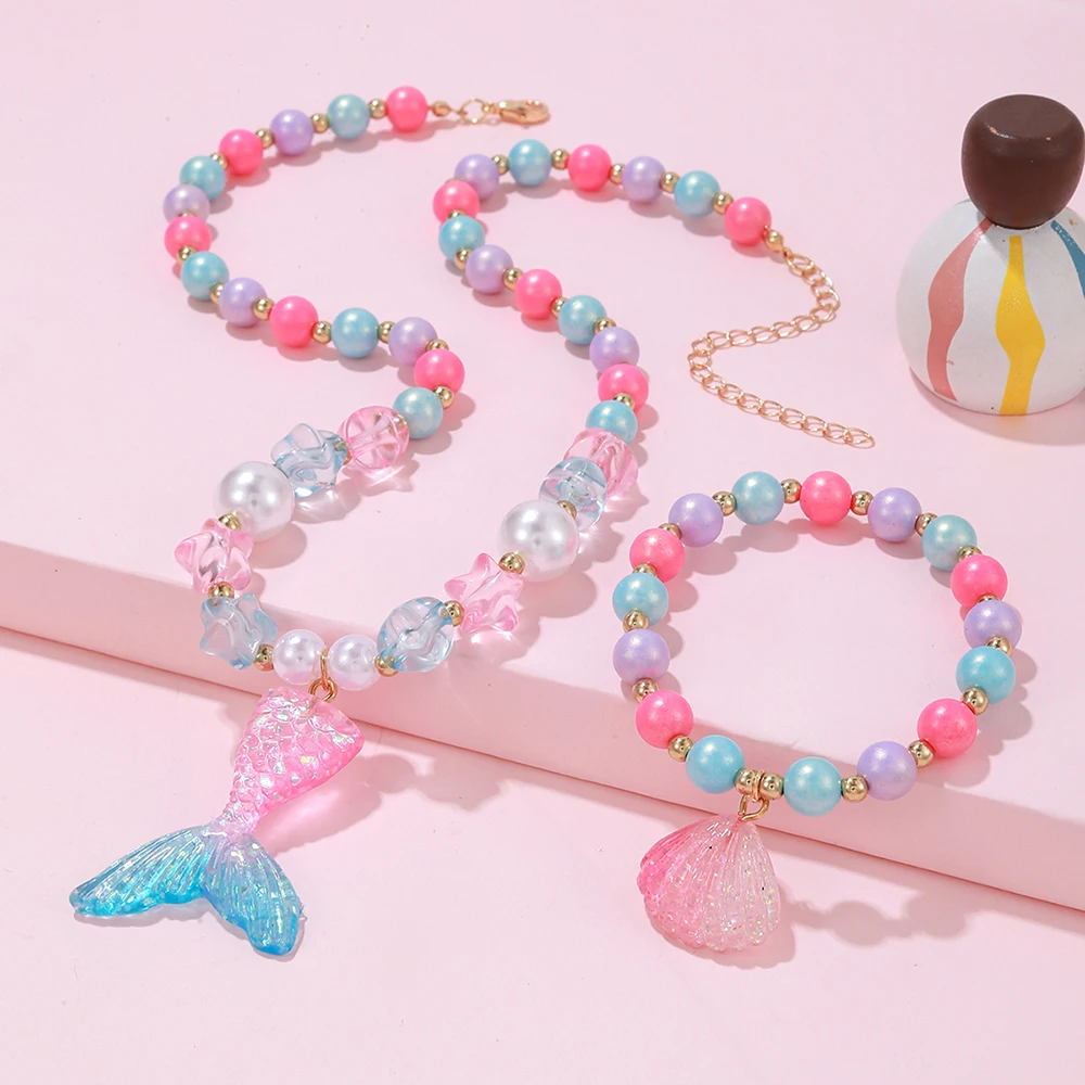 2Pcs/set Girl Princess Mermaid Shell Charm Necklace Bracelet Jewelry Set for Daughter Niece Girls Best Party Birthday Gifts