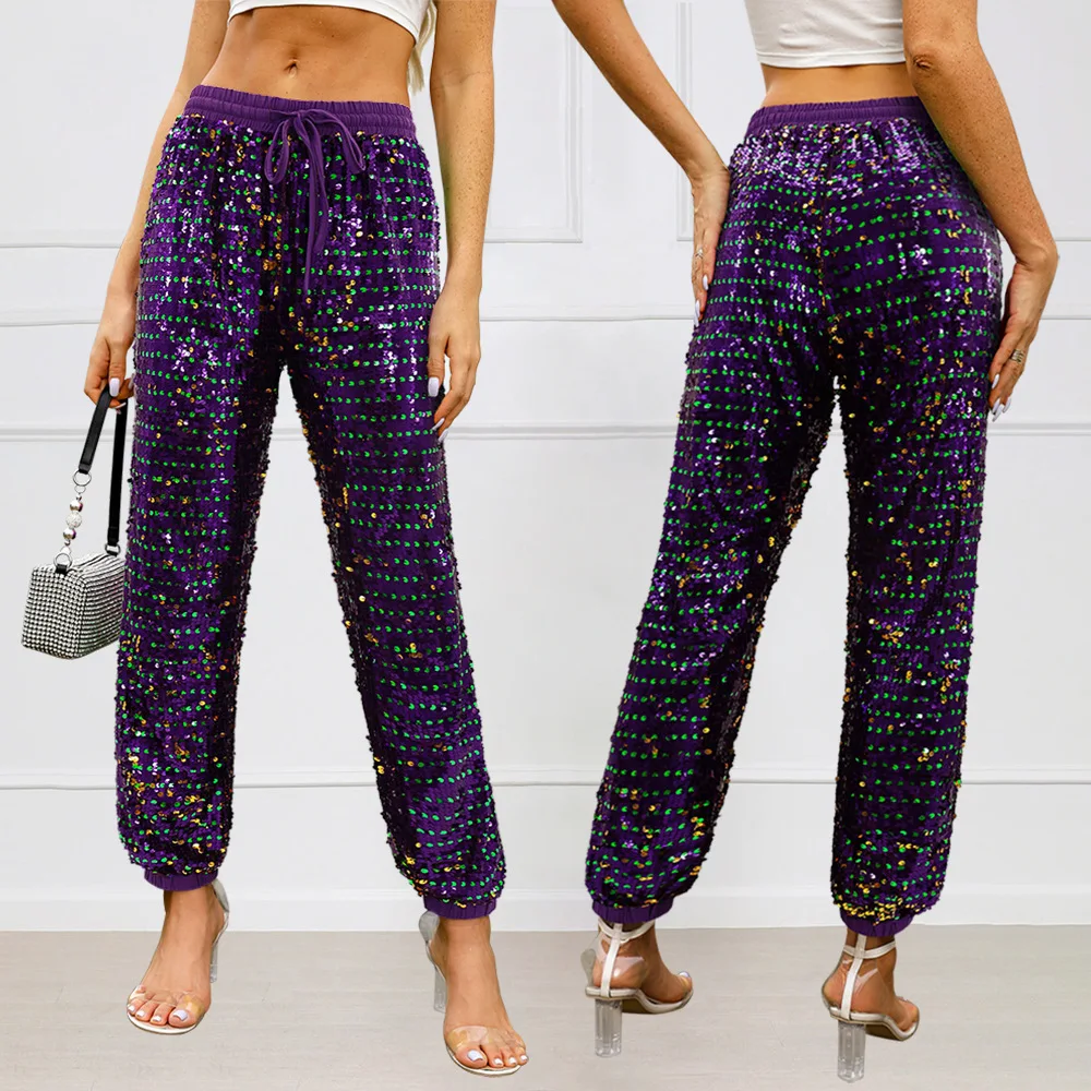 

Женские повседневные брюки с пайетками, высокой талией, свободного прямого кроя, больших размеров, с эффектом утяжки живота, модные, стройнящие