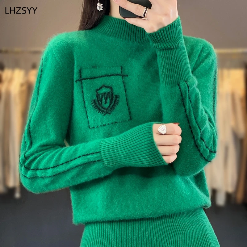 

LHZSYY 100%Merino Wool Sweater Women Jacquard Loose Pullovers Autumn Winter Half-high-Neck Fashion Tops Cashmere Knit Base Shirt