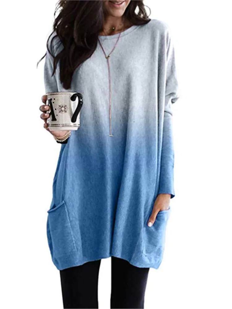 Women\'s Autumn Winter New Fashion Gradient Color Long Sleeved Casual Pocket T-shirt Round Neck Top Women\'s Clothing