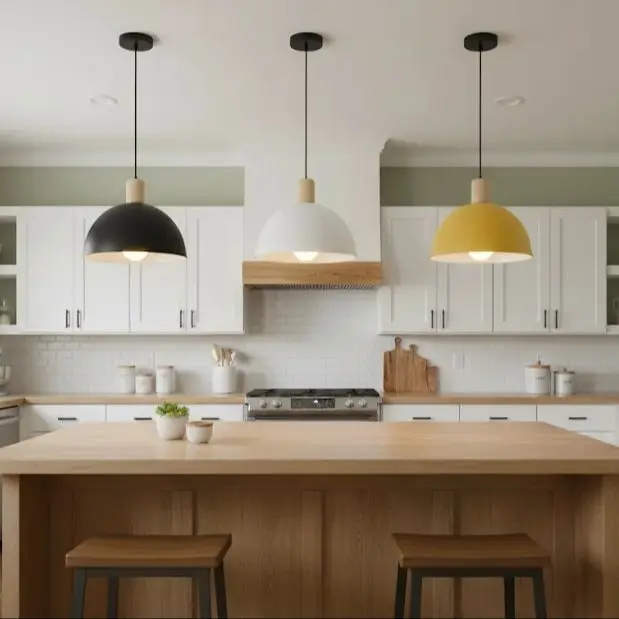 مصباح معلق خشبي من الحديد المطاوع الملون على الطراز العتيق، مناسب لغرف الطعام والدراسات وجزر المطبخ.