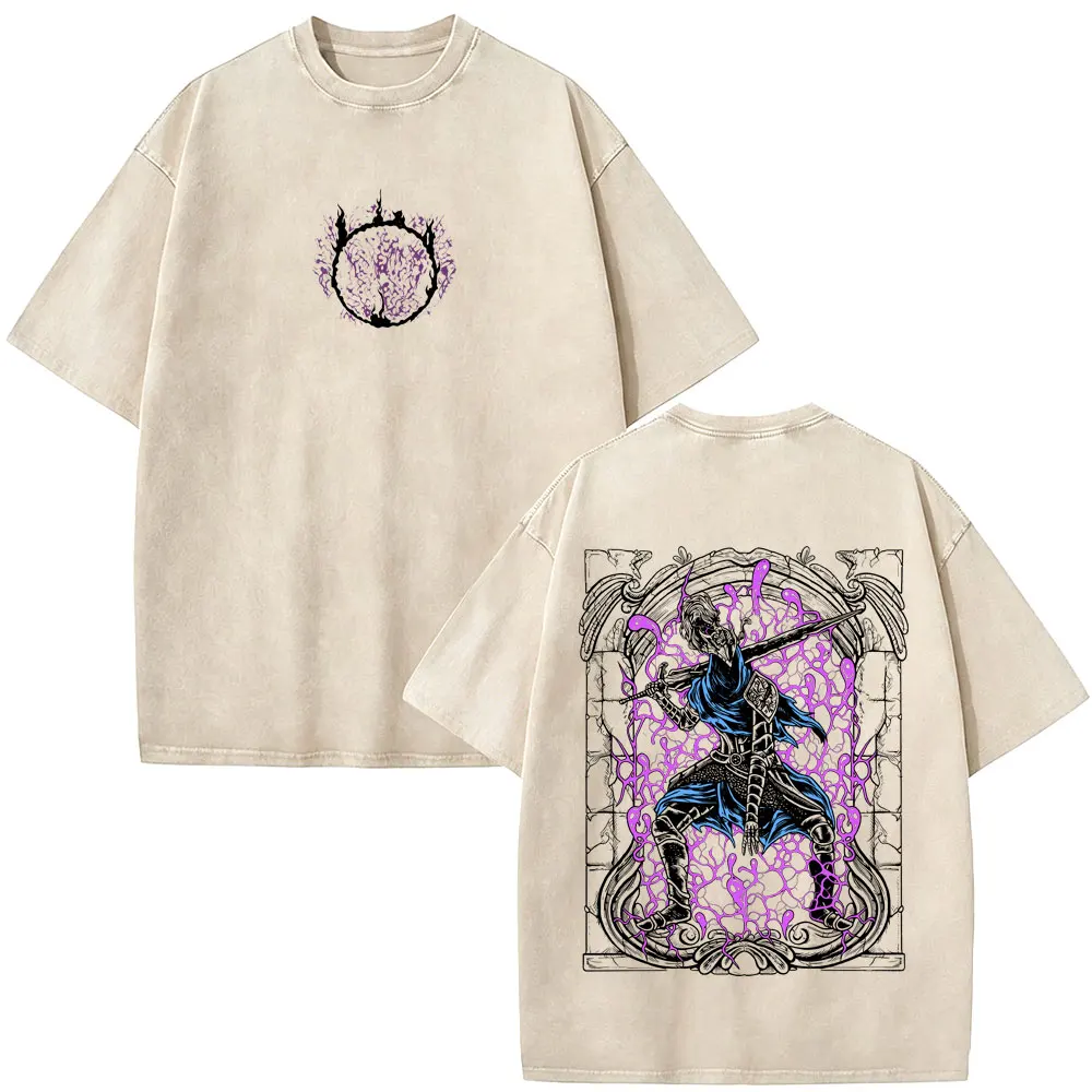 Dark Souls High Lord Wolnir Skelett Vintage Washed T-Shirt für Männer und Frauen, Retro Gothic Rock Streetwear, Übergroße T-Shirts für Männer – Detail 2