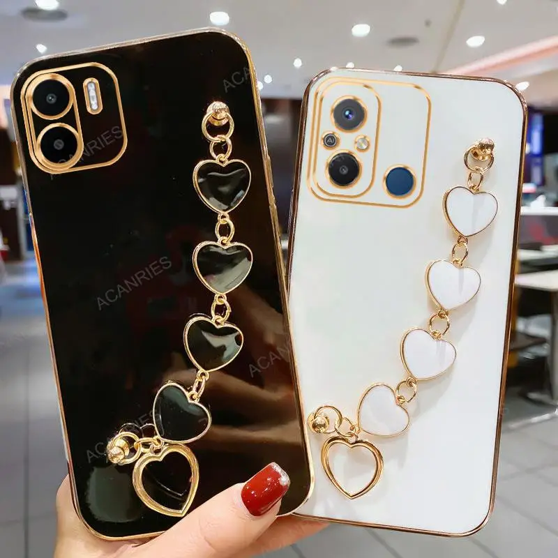 RedmiA1 A2plus Luxury Plating Love Heart Bracelet Chain Case For Xiaomi Redmi 12C A1 A2 Plus Band Cover On Redmi12C 11A 13C 10C