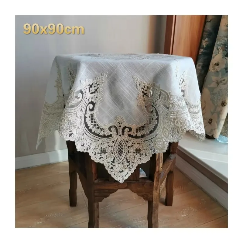 Quality European Cotton And Linen Fabric Lace Embroidery Retro Tablecloth Balcony Bedroom Small Round Table Cloth Mantel Nappe