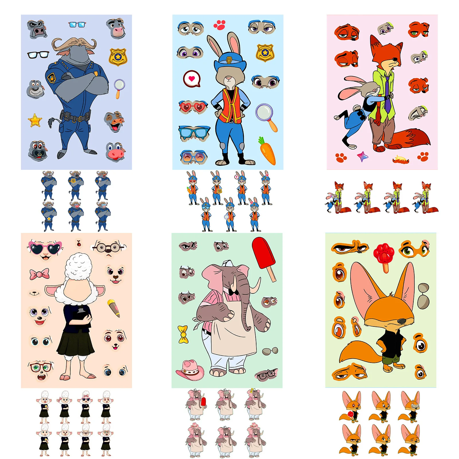 6 sztuk naklejek z motywem królika policjanta z kreskówki, do wymiany twarzy, do samodzielnego tworzenia kostiumów, akcesoriów do figurek anime, zabawek, cosplay dla dzieci.