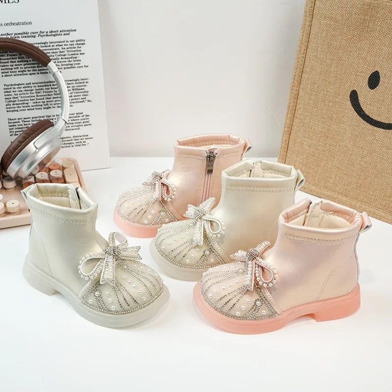 

Elegant Bowknot Kids Leather Boots Fashion Rhinestone Girls Catwalk Ankle Boots Princess Short Wedding Party Children's Boots