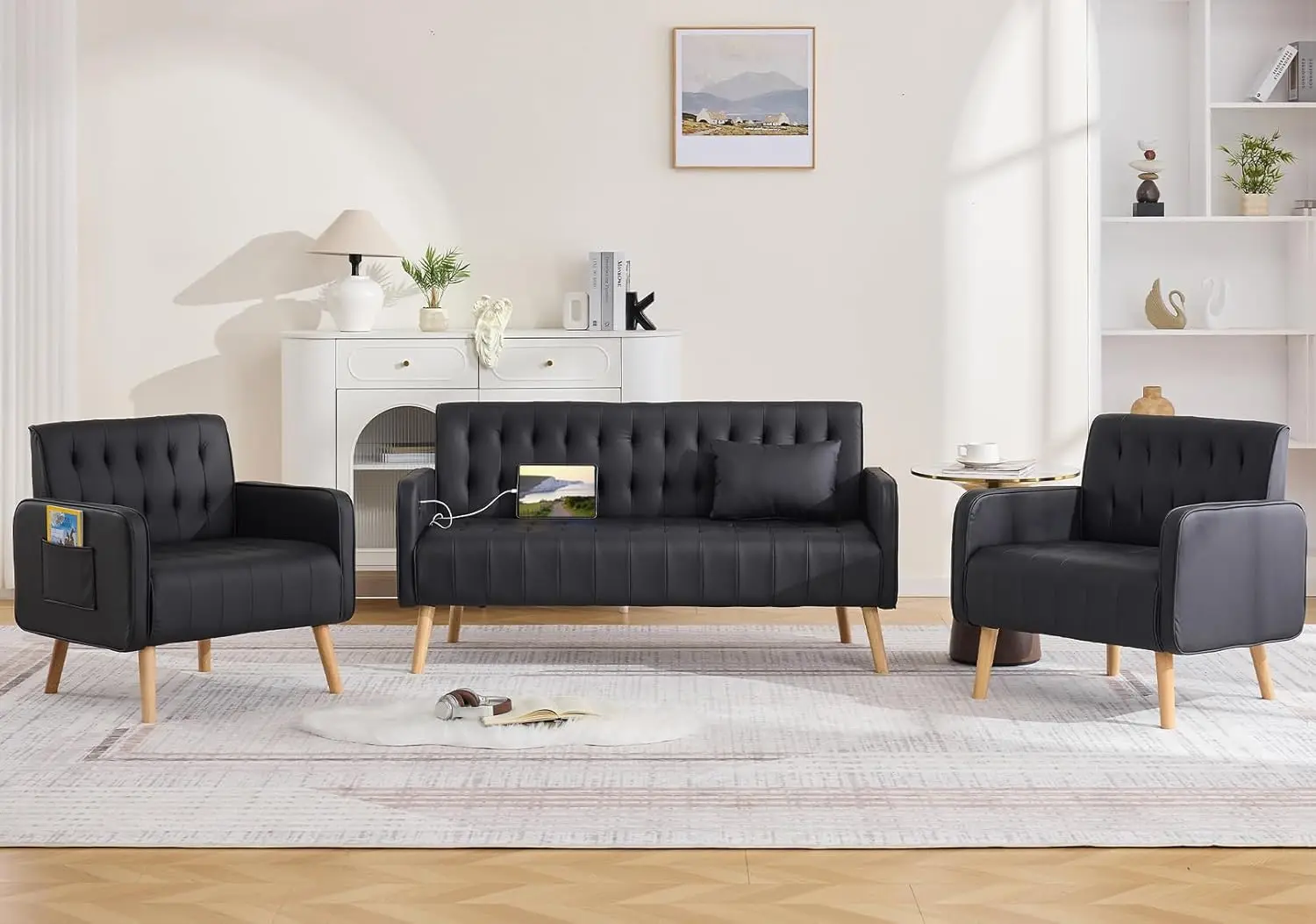 

Black Leather Loveseat Chair Set Tufted USB Charging Pockets Mid-Century Office 3pcs Living Room Furniture, Customized